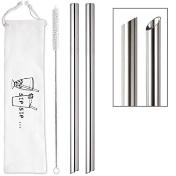 Angled Tips Jumbo Reusable Bubble Tea Straws - 10" Stainless Steel Duo