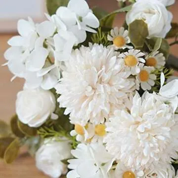 Peauley Artificial Flowers Waterproof Fake Roses Silk Hydrangea Bouquet Decor Plastic Realistic Flower Arrangements Wedding Decoration Table Centerpieces 2 Packs (White)