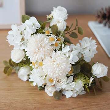 Peauley Artificial Flowers Waterproof Fake Roses Silk Hydrangea Bouquet Decor Plastic Realistic Flower Arrangements Wedding Decoration Table Centerpieces 2 Packs (White)