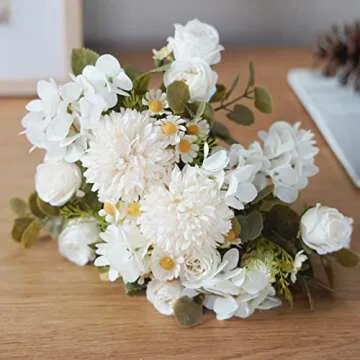 Peauley Artificial Flowers Waterproof Fake Roses Silk Hydrangea Bouquet Decor Plastic Realistic Flower Arrangements Wedding Decoration Table Centerpieces 2 Packs (White)