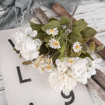 Peauley Artificial Flowers Waterproof Fake Roses Silk Hydrangea Bouquet Decor Plastic Realistic Flower Arrangements Wedding Decoration Table Centerpieces 2 Packs (White)