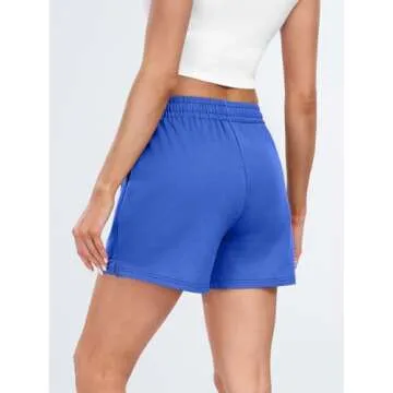 AUTOMET Womens Sweat Shorts Casual Summer Drawstring Comfy Elastic High Waist Running Clothes with Pockets Blue M