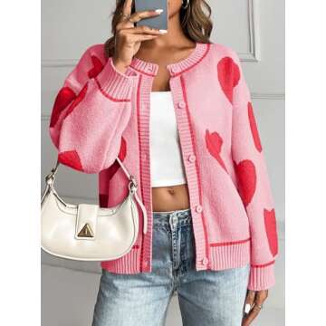 Saodimallsu Womens Cute Heart Cardigan Sweaters Valentines Day Chunky Knit Button Crewneck Long Sleeve Sweater Coat Pink