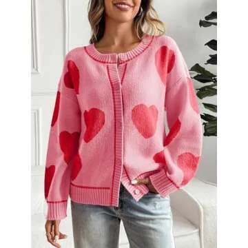 Saodimallsu Womens Cute Heart Cardigan Sweaters Valentines Day Chunky Knit Button Crewneck Long Sleeve Sweater Coat Pink