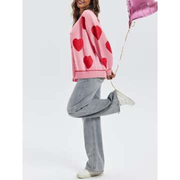 Saodimallsu Womens Cute Heart Cardigan Sweaters Valentines Day Chunky Knit Button Crewneck Long Sleeve Sweater Coat Pink