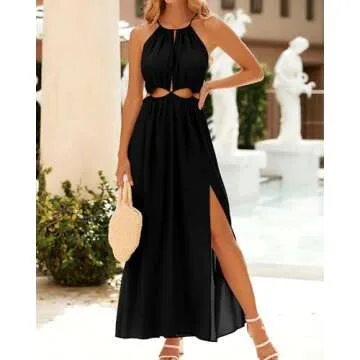 BTFBM Women Halter Summer Dresses 2025 Sleeveless Cutout Backless Slit Boho Party Cocktail Casual Maxi Beach Sun Dress