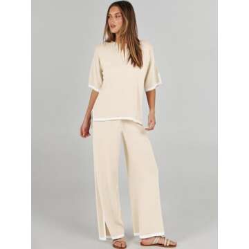 ANRABESS Two Piece Outfits for Women 2024 Fashion Short Sleeve Tops Wide Leg Pants Trendy Knit Sweat...
