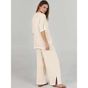 ANRABESS Two Piece Outfits for Women 2024 Fashion Short Sleeve Tops Wide Leg Pants Trendy Knit Sweater Lounge Clothes Sets Beige X-Small