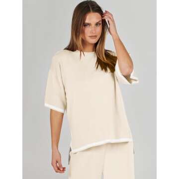 ANRABESS Two Piece Outfits for Women 2024 Fashion Short Sleeve Tops Wide Leg Pants Trendy Knit Sweater Lounge Clothes Sets Beige X-Small