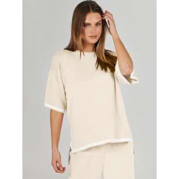 ANRABESS Two Piece Outfits for Women 2024 Fashion Short Sleeve Tops Wide Leg Pants Trendy Knit Sweater Lounge Clothes Sets Beige X-Small