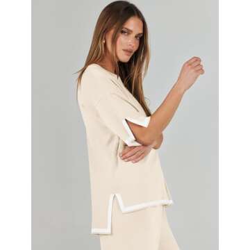 ANRABESS Two Piece Outfits for Women 2024 Fashion Short Sleeve Tops Wide Leg Pants Trendy Knit Sweater Lounge Clothes Sets Beige X-Small