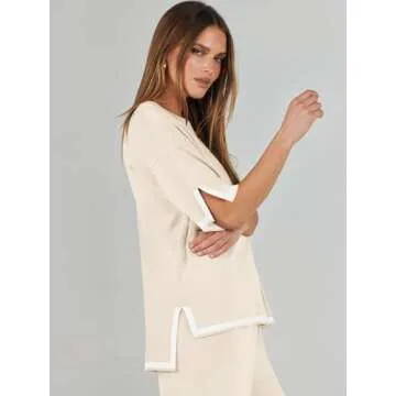 ANRABESS Two Piece Outfits for Women 2024 Fashion Short Sleeve Tops Wide Leg Pants Trendy Knit Sweater Lounge Clothes Sets Beige X-Small