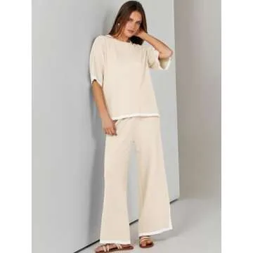 ANRABESS Two Piece Outfits for Women 2024 Fashion Short Sleeve Tops Wide Leg Pants Trendy Knit Sweater Lounge Clothes Sets Beige X-Small