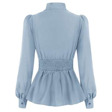 Womens Long Lantern Sleeve Peplum Top V Neck Smocked Blouses Dressy Shirt BlueXL X-Large