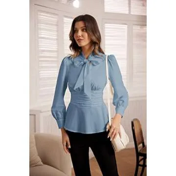 Womens Long Lantern Sleeve Peplum Top V Neck Smocked Blouses Dressy Shirt BlueXL X-Large