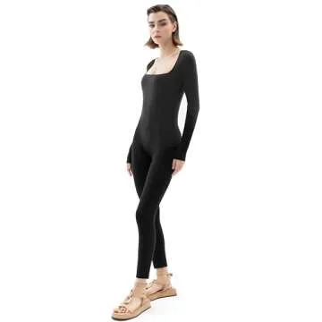 PUMIEY Black Jumpsuit for Women Long Sleeve Bodycon Unitard One Piece Outfits Jet Black X-Small