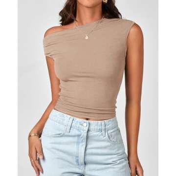 BTFBM Women Off The Shoulder Tops 2024 Summer Sleeveless Ruched Ribbed Shirt Asymmetrical Slim Fit Y...