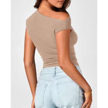 BTFBM Women Off The Shoulder Tops 2024 Summer Sleeveless Ruched Ribbed Shirt Asymmetrical Slim Fit Y2K Going Out Top(Solid Khaki, Medium)