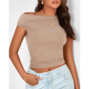 BTFBM Women Off The Shoulder Tops 2024 Summer Sleeveless Ruched Ribbed Shirt Asymmetrical Slim Fit Y2K Going Out Top(Solid Khaki, Medium)