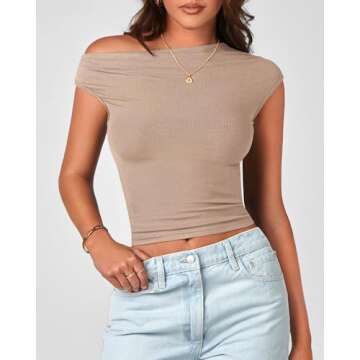 BTFBM Women Off The Shoulder Tops 2024 Summer Sleeveless Ruched Ribbed Shirt Asymmetrical Slim Fit Y2K Going Out Top(Solid Khaki, Medium)