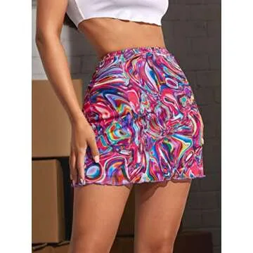 Floerns Women's Lettuce Trim High Elastic Waist Stretchy Print Bodycon Mini Skirt Multi-2 M