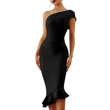 UONBOX Women's One Shoulder Sleeveless Bodycon Dress - Elegant Midi Mermaid Style