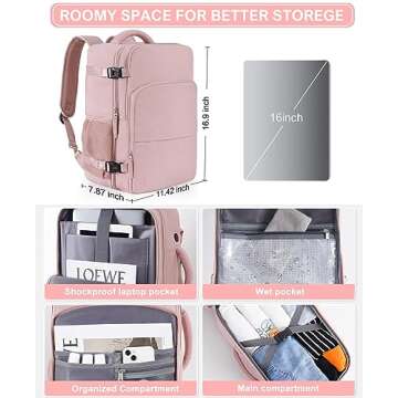 Beraliy Travel Backpack for Women,Personal Item Bag Airline Approved, Carry On Backpack,16inch Laptop Backpack Hiking Business Casual Weekender Bag Daypack,Pink