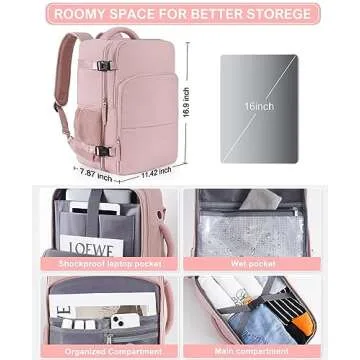 Beraliy Travel Backpack for Women,Personal Item Bag Airline Approved, Carry On Backpack,16inch Laptop Backpack Hiking Business Casual Weekender Bag Daypack,Pink