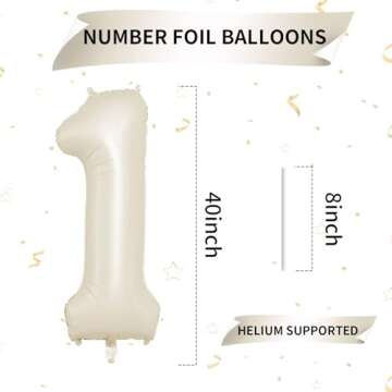 40 Inch Cream Number 1 Balloon, Beige Large 1st Birthday Balloons, Digital 1 Cream White Giant 1 Foi...