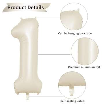 40 Inch Cream Number 1 Balloon, Beige Large 1st Birthday Balloons, Digital 1 Cream White Giant 1 Foil Balloon Helium for 1st Birthday Decorations First Year Boys Girls Baby Shower Party Supplies
