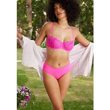 DOBREVA Women's Sexy Lace Bra Underwire Balconette Unlined Demi Sheer Plus Size Neon Pink 34DD