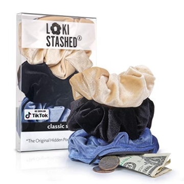 LokiStashed Velvet Hair Tie Scrunchies - Hidden Pocket Storage in Navy, Tan, Black 3-Pack