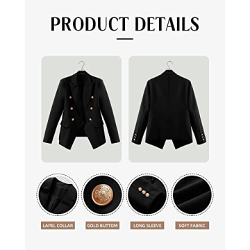 CRAZY GRID Womens Double Breasted Blazer Jackets Open Front Business Casual Suit Jacket Long Sleeve Dressy Blazer Lapel Gold Button Ladies Work Office Blazer Black Large