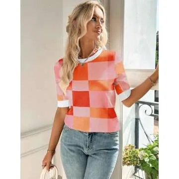 Zeagoo Tops for Women Trendy Short Sleeve Sweater Summer Sweater Color Block Dressy Casual Soft Knit Crew Neck Shirt Red