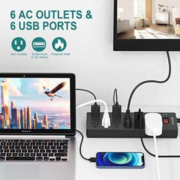 Power Strip, HITRENDS Surge Protector with 6 AC Outlets & 6 USB Charging Ports, 6 Feet Heavy Duty Extension Cord, 1625W/13A Multiplug for Home Office & Multiple USB Devices - Black
