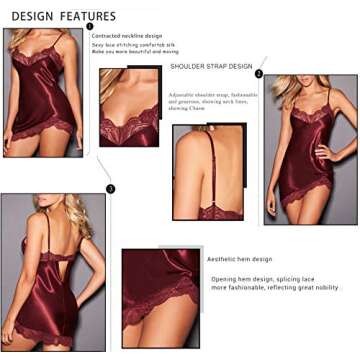 Pyroluna Women Satin Lace Chemise Sexy Lingerie Nightie Dress Sleepwear Nightgowns for Women Silk Nightdress,Full Slip Blackless Design (S, Wine Red)