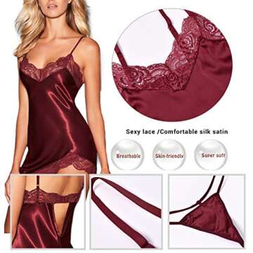 Pyroluna Women Satin Lace Chemise Sexy Lingerie Nightie Dress Sleepwear Nightgowns for Women Silk Nightdress,Full Slip Blackless Design (S, Wine Red)