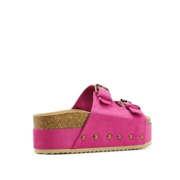 ATBELL Women's Cork Footbed Flatform Sandals Comfort Platform Slides Sandal with Dual Buckled Straps Open Toe Suede Clogs Fashion Studded Heeled Slippers Fuchsia