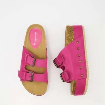 ATBELL Women's Cork Footbed Flatform Sandals Comfort Platform Slides Sandal with Dual Buckled Straps Open Toe Suede Clogs Fashion Studded Heeled Slippers Fuchsia