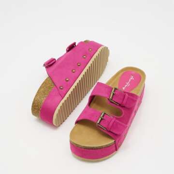 ATBELL Women's Cork Footbed Flatform Sandals Comfort Platform Slides Sandal with Dual Buckled Straps Open Toe Suede Clogs Fashion Studded Heeled Slippers Fuchsia