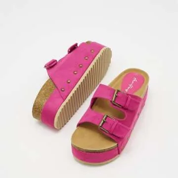 ATBELL Women's Cork Footbed Flatform Sandals Comfort Platform Slides Sandal with Dual Buckled Straps Open Toe Suede Clogs Fashion Studded Heeled Slippers Fuchsia