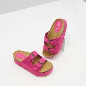 ATBELL Women's Cork Footbed Flatform Sandals Comfort Platform Slides Sandal with Dual Buckled Straps Open Toe Suede Clogs Fashion Studded Heeled Slippers Fuchsia