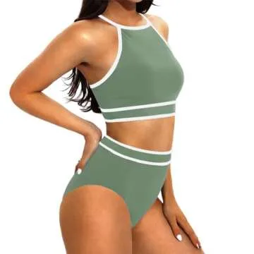 Big Spring Sale March Pallet Sale March Big Deals Two Piece Swimsuit for Women Halter Top High Waisted Bikini Sets Sporty Color Block Cheeky Bathing Suit On Amazon