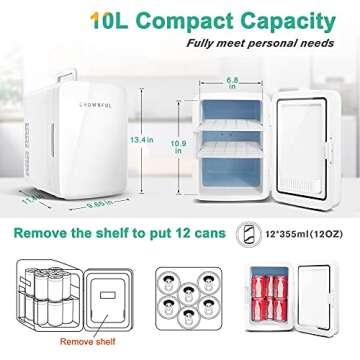 CROWNFUL Multifunctional Mini Fridge, 10 Liter/12 Can Portable Cooler and Warmer Personal Fridge for Skin Care, Food, Medications, Plugs for Home Outlet & 12V Car Charger Included, ETL Listed （White)）