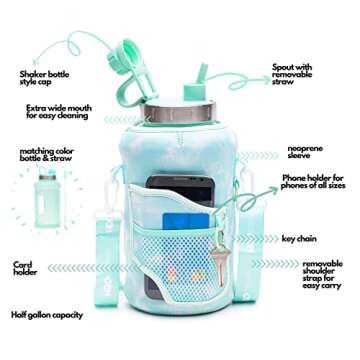 H2O Capsule 2.2L Half Gallon Wide Mouth Water Bottle with Storage Sleeve and Removable Straw - Hydration Tracker Jug with Measurements Marked – Shatterproof BPA-Free, (Green TieDye)