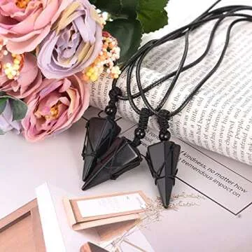 Top Plaza 6 Facet Reiki Healing Crystal Black Obsidian Stone Pointed Pendant Necklaces Adjustable Natural Gemstone Necklace Reiki Quartz Jewelry for Women Men