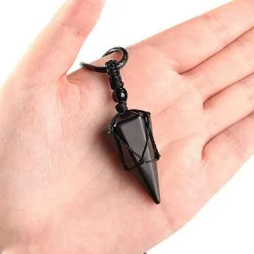 Top Plaza 6 Facet Reiki Healing Crystal Black Obsidian Stone Pointed Pendant Necklaces Adjustable Natural Gemstone Necklace Reiki Quartz Jewelry for Women Men