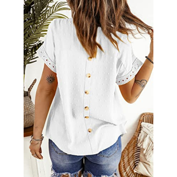 Dokotoo Blouses for Women Fashion 2024 Summer Crochet Lace Round Neck Short Sleeve Shirts Back Button Down Pom Boho Casual Solid Chiffon Blouse Womens Tops White Small