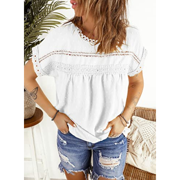 Dokotoo Blouses for Women Fashion 2024 Summer Crochet Lace Round Neck Short Sleeve Shirts Back Button Down Pom Boho Casual Solid Chiffon Blouse Womens Tops White Small