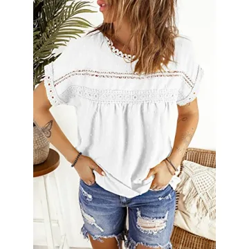Dokotoo Blouses for Women Fashion 2024 Summer Crochet Lace Round Neck Short Sleeve Shirts Back Button Down Pom Boho Casual Solid Chiffon Blouse Womens Tops White Small